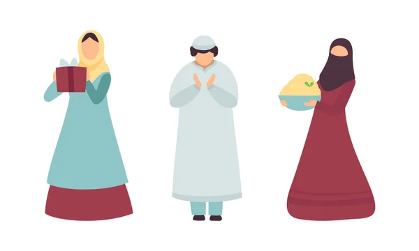 Postać ludzi muzułmańskich w tradycyjnej odzieży powitanie i trzymając pudełko Wektor ilustracji zestaw — Wektor stockowy