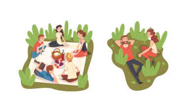 Park 'ta Piknik Yapan Halk Karakteri Yeşil Çim ve Battaniye Konuşan Vektör Seti