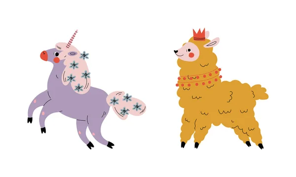 可爱的羊毛美洲驼和独角兽作为可爱的仙女动物病媒群 — 图库矢量图片