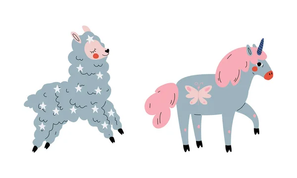 Cute Wooly Llama and Unicorn as Adorable Fairy Animal Vector Set — Stock Vector