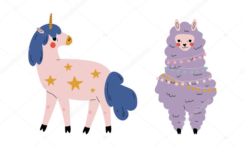 Cute Wooly Llama and Unicorn as Adorable Fairy Animal Vector Set