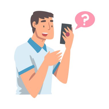 Genç Adam Sorgulama Sorusu Akıllı Telefon Vektör Resimlerinde İnternet Arama Sistemi Kullanımı