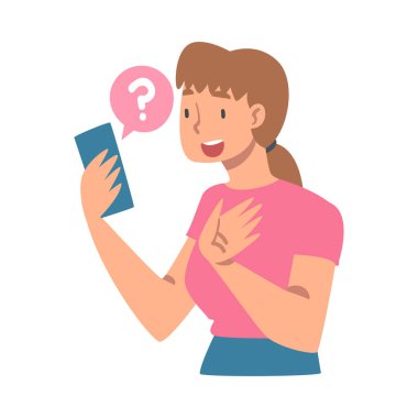 Smartphone Vektör İllüstrasyonunda İnternet Arama Sistemi Kullanarak Soru Soran Genç Kadın Karakteri