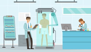 Erkek ve Kadın Bilimadamı Yapay Zeka Desteği Deneyi Yapıyor İnsan Vücut Vektörü Resimlerini İnceleme