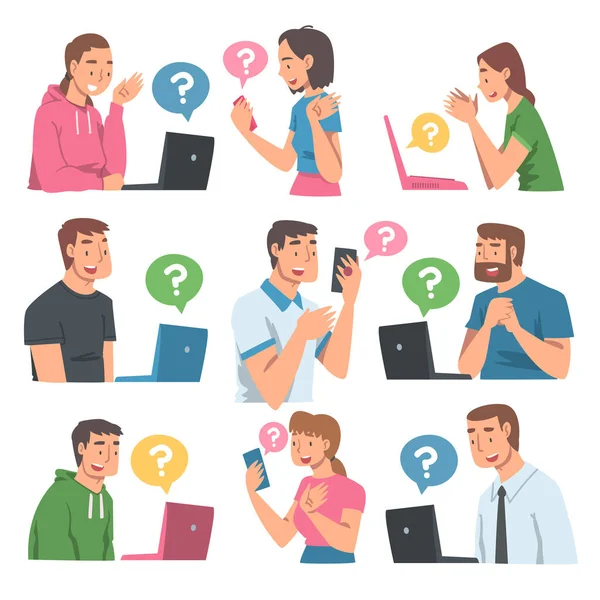 People Character Asking Question Menggunakan Internet Search System pada Smartphone mereka dan Laptop Vector Set - Stok Vektor