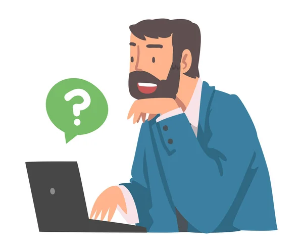Young Bearded Man Character Meminta Pertanyaan Menggunakan Internet Search System di Laptop Vector Illustration-nya - Stok Vektor