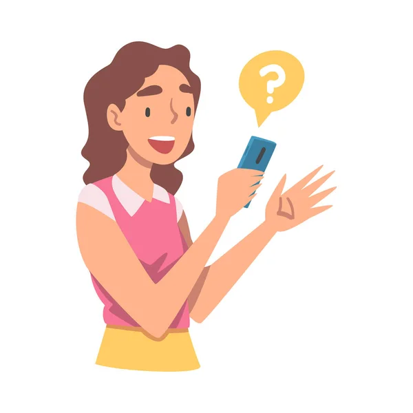 Mujer joven personaje haciendo pregunta utilizando el sistema de búsqueda de Internet en su Smartphone Vector Illustration — Archivo Imágenes Vectoriales