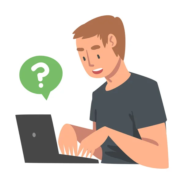 Hombre joven carácter haciendo pregunta utilizando el sistema de búsqueda de Internet en su computadora portátil Vector ilustración — Archivo Imágenes Vectoriales