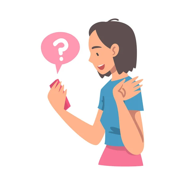 Mujer joven personaje haciendo pregunta utilizando el sistema de búsqueda de Internet en su Smartphone Vector Illustration — Vector de stock