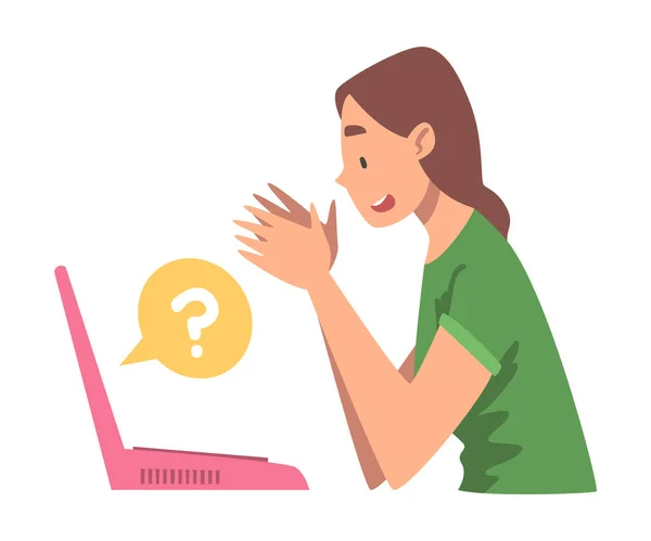 Jeune femme personnage poser une question à l'aide du système de recherche Internet sur son ordinateur portable Illustration vectorielle — Image vectorielle