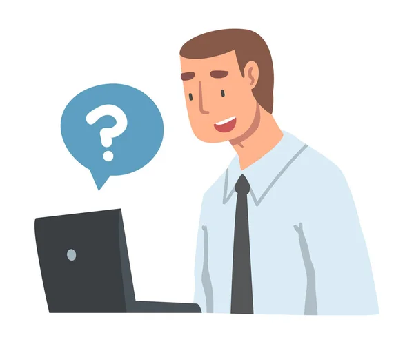 Young Man Character Asking Question Using Internet Search System on His Laptop Vector Illustration — Stock Vector