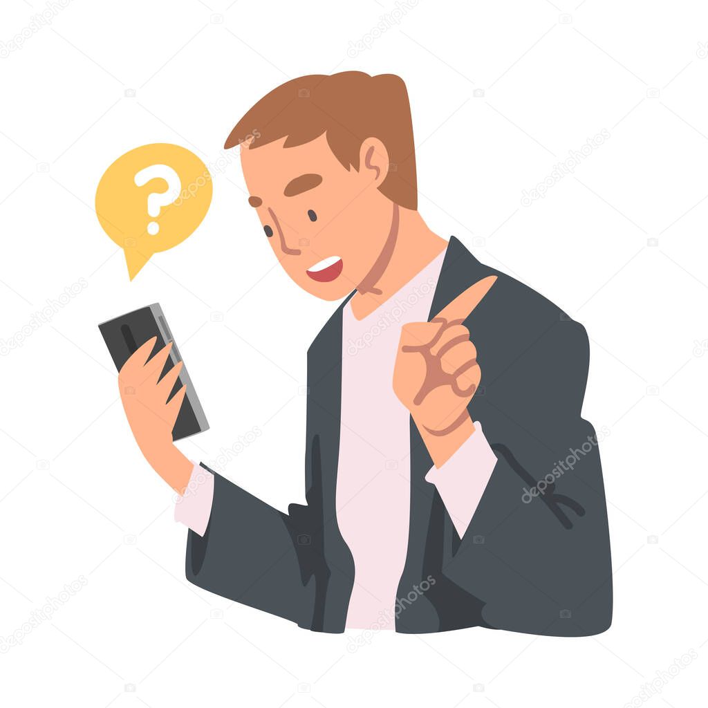 Young Man Character Asking Question Using Internet Search System on His Smartphone Vector Illustration