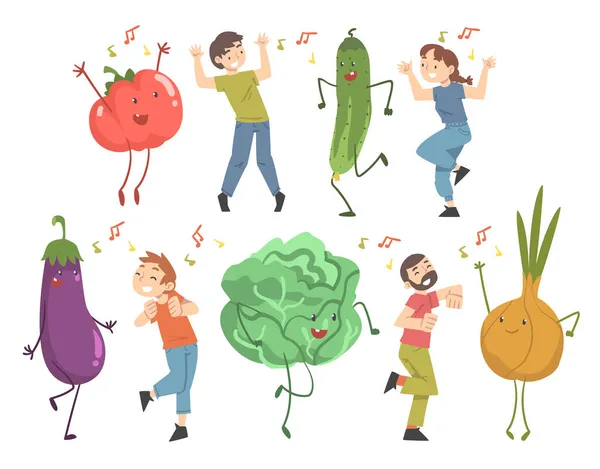 陽気な野菜と一緒に踊る幸せな人々 ｜Vector Set — ストックベクタ