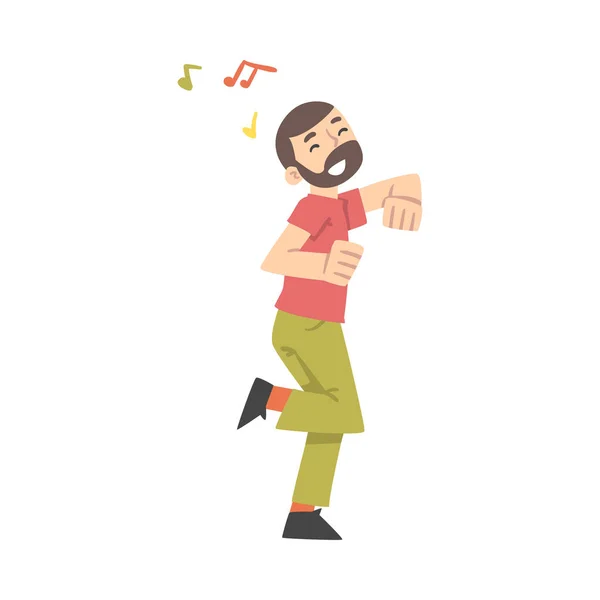 Giovane uomo barbuto che balla muovendo mani e gambe alla musica Rythm Vector Illustrazione — Vettoriale Stock