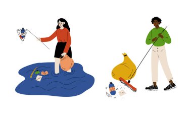 Genç Adam ve Kadın Gönüllü Çöp Toplama Torbası Temizleme Ortamı Vektörü Seti