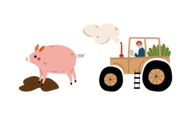 Erkek Çiftçi Traktör Sürücüsü ve Çamur Vektörü Seti