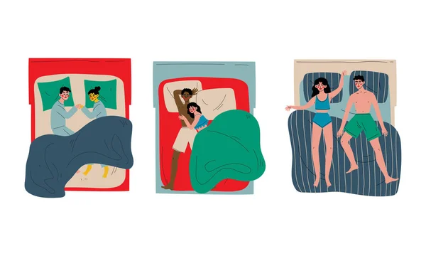 毛布で覆われた枕の上のダブルベッドの上に寝そべっている人キャラクターベクトルイラストセット — ストックベクタ