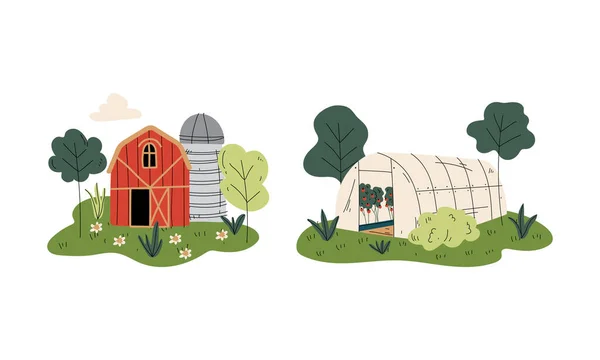 Green House and Timbered Red Barn or Granary for Crop Storage Vector Set — 스톡 벡터