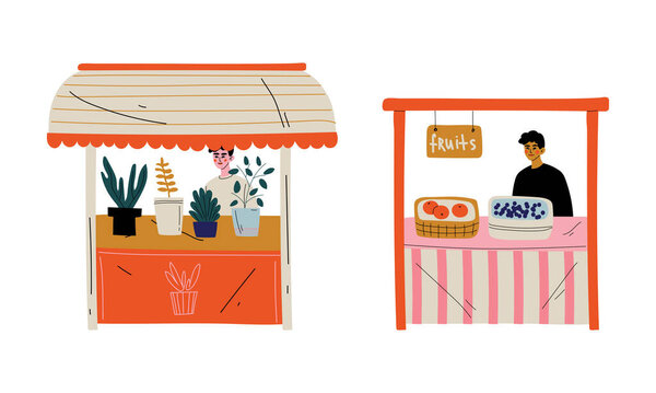 Персонаж человека на киоске Продажа дома и фруктов на рынке или блошиный рынок векторной иллюстрации набор