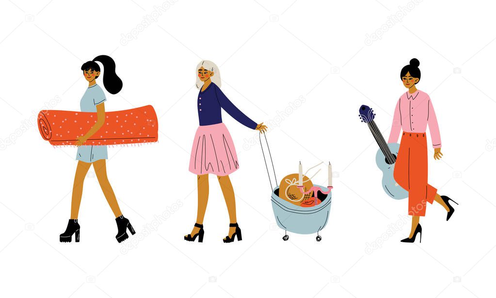 People Character Carrying Goods from Marketplace or Flea Market Vector Illustration Set