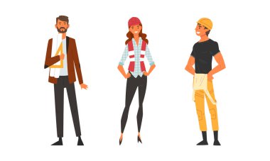 Genç Erkek ve Kadın Mimar ve Mühendis Genel ve Sert Şapkalı İşçi Taslak ve Taslak Taslak Tasarım Vektörü Ayarları