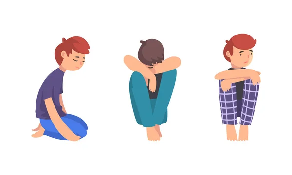 Unglücklicher, trauriger Teenager, der deprimiert und einsam auf dem Boden sitzt — Stockvektor