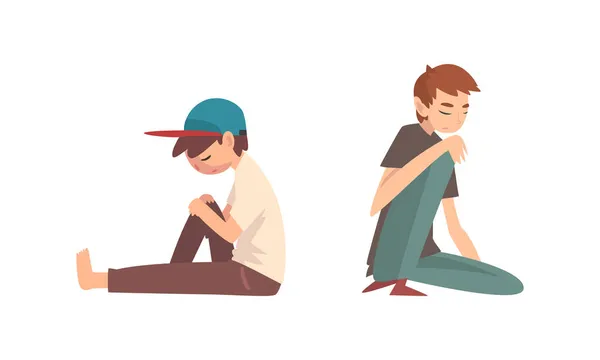 Nešťastný smutný dospívající chlapec sedí na podlaze pocit deprese a osamělý vektor set — Stockový vektor