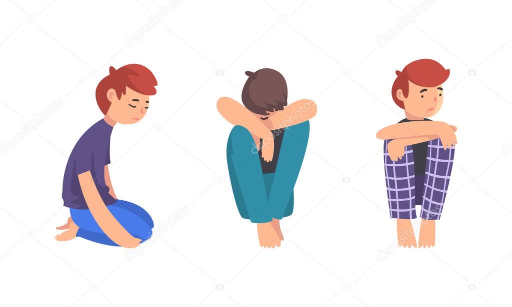 Unhappy Sad Teen Boy Sitting on Floor Feeling Depressed and Lonely Vector Set