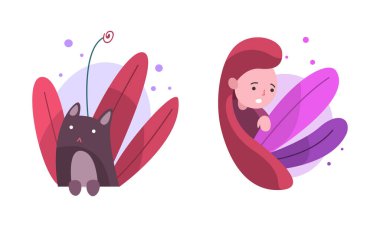 Şirin Kız ve Kedi, Peri Çalılığında Saklanıyor Vector Set