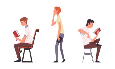 Oturan ve Okuyan Genç Adam Kitap Vektörü Ayarları