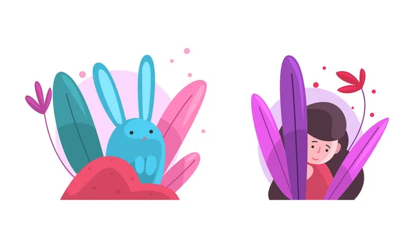 Cute Girl i Bunny ukrywanie się w Fairy Bush Vector zestaw — Wektor stockowy