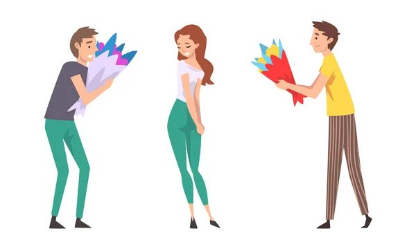 Joven dando ramo de flores a la mujer feliz conjunto de vectores — Vector de stock