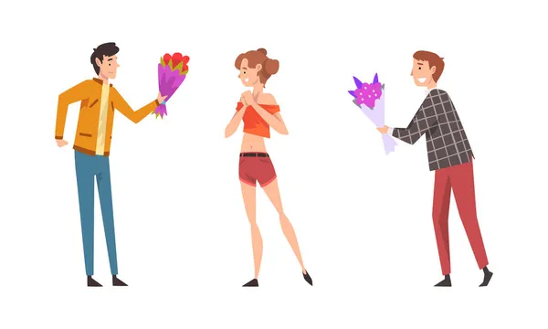 Joven dando ramo de flores a la mujer feliz conjunto de vectores — Vector de stock