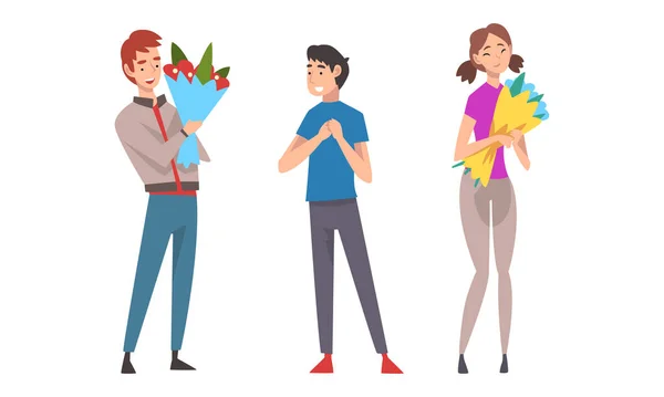 Joven dando ramo de flores a la mujer feliz conjunto de vectores — Vector de stock