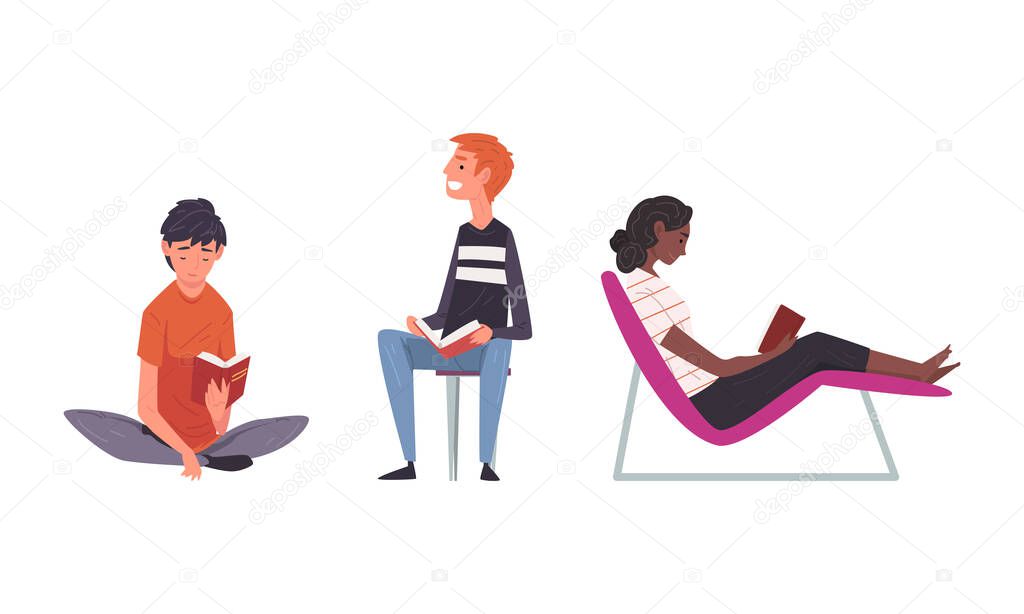 Young Man and Woman Sitting and Reading Book Vector Set