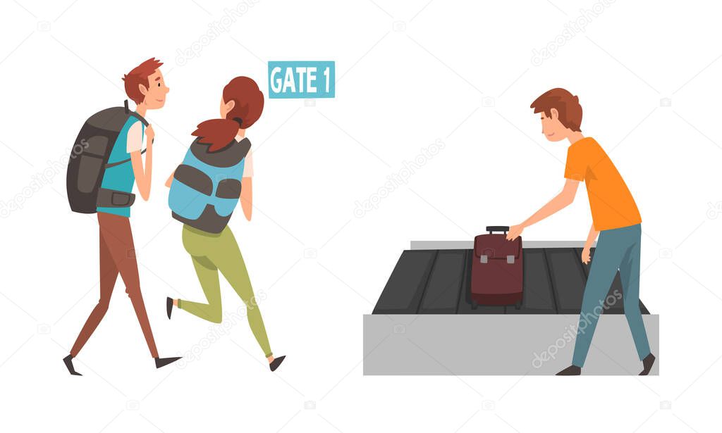 People Character at Airport Running Toward Gate and Taking Bag from Baggage Carousel Vector Illustration Set