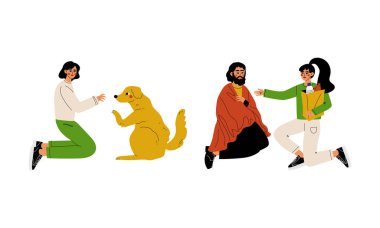 Gönüllü Kadın Yiyecek Kutusu Veriyor Muhtaç ve Evsiz Köpek Vector Seti 'ne Yardım Ediyor