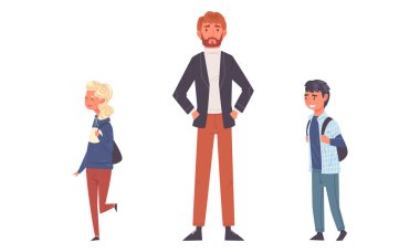 Gülümseyen Erkek Öğretmen ve Okul Çocukları veya Öğrenci Vektör Kümesi