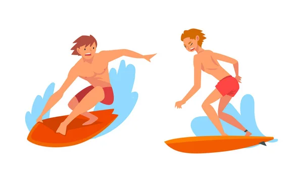 Man Surfer Karakter op Surf Board Riding Moving Wave of Water Vector Se — Stockvector