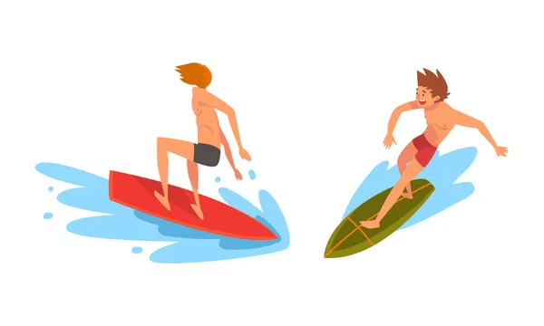 Man Surfer Karakter op Surf Board Riding Moving Wave of Water Vector Se — Stockvector