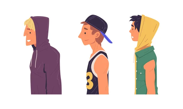 Young Man of Different Subculture in Baseball Cap and Hood Side View Vector Set — Stock Vector