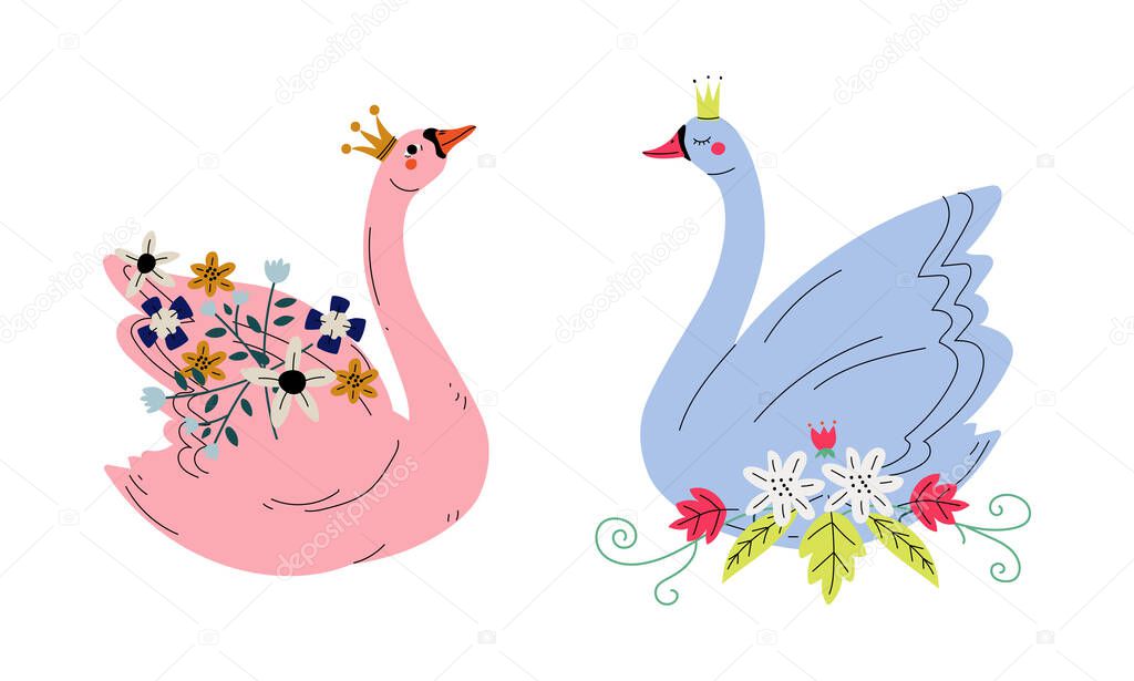 Beautiful Swan Princess with Golden Crown and Flower Decoration Vector Set
