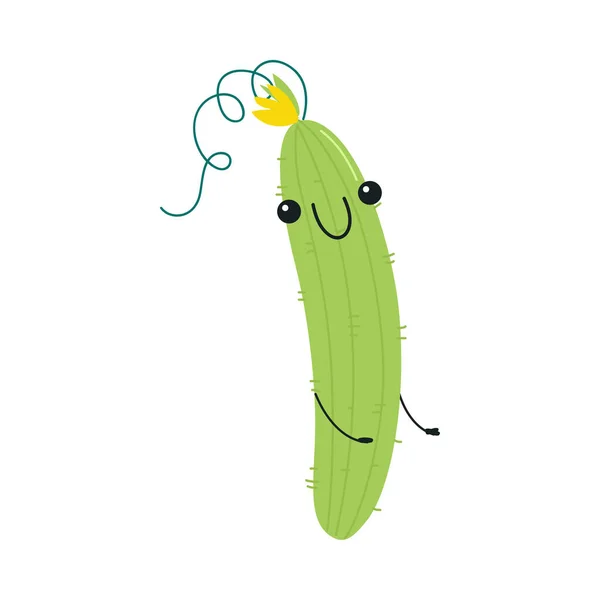 Legrační zelená okurka zeleninová postava s usmívající se tváří a paží vektorové ilustrace — Stockový vektor