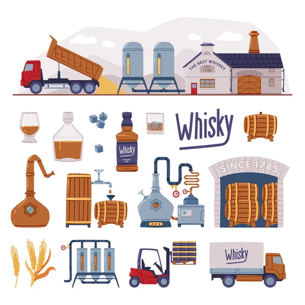 Whiskey Production Process with Distillation, Aging and Bottling Steps Vector Set — Stock Vector