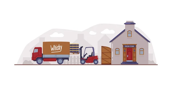 Whiskey Production Process Irish Pub and Delivery Truck Vector Illustration — 스톡 벡터
