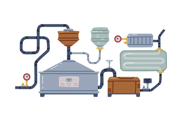 Processus de boisson au whisky dans un réservoir métallique avec illustration vectorielle de tuyau — Image vectorielle
