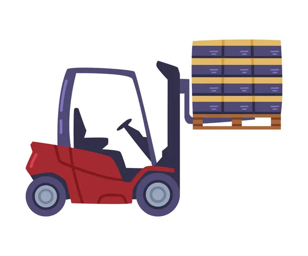 Fork-lift Truck Carrying Whiskey Bottles in Package on Pallet Vector Illustration — Stock Vector