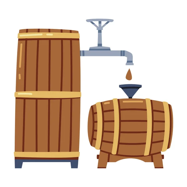 Whiskey Drink Process with Pouring in Wooden Barrel or Cask for Storage and Maturation Vector Illustration — Stock Vector