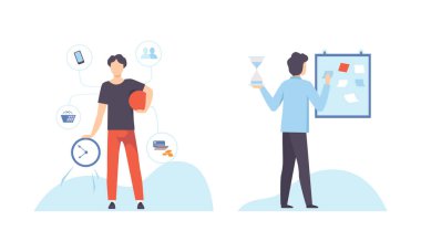 Zaman Yönetimi ve Görev Planlaması Saatli Genç Adam Zaman Çizgisi Vektörünü Düzenliyor