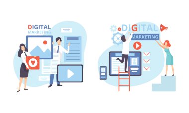 Sosyal Ağ ve Çevrimiçi Ortam Vektörü Seti 'nde Dijital Pazarlama Yapan İnsanlar Karakteri